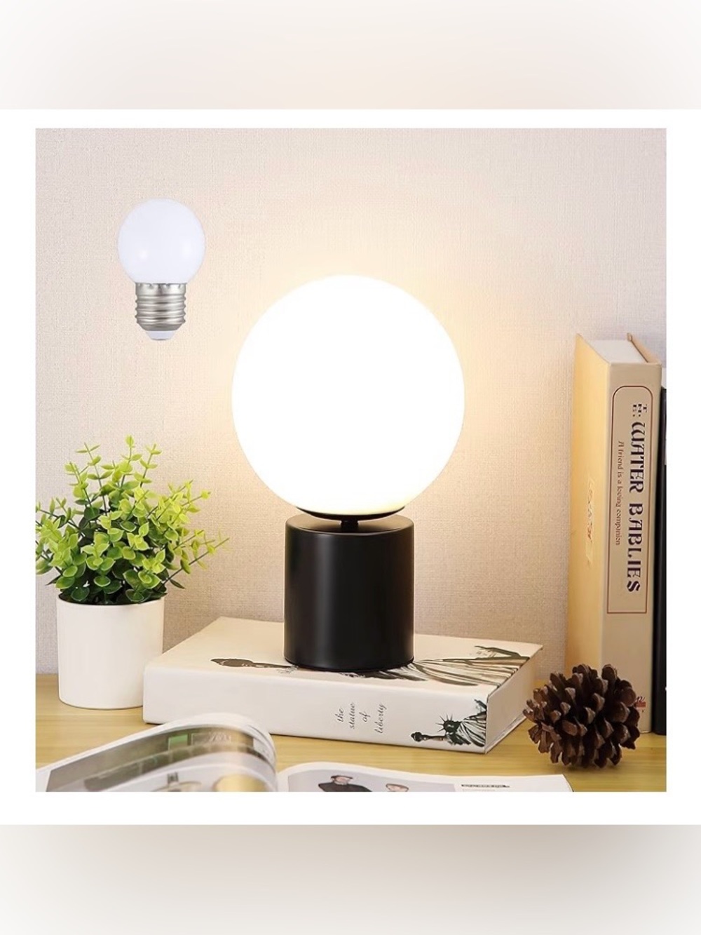 11 Inch Mid Century Modern Table Lamp, Black with White Glass Globe Shade.New